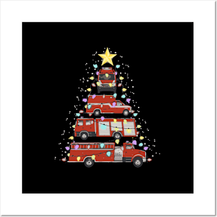 Firefighter Fire Truck Tree Santa Light Posters and Art